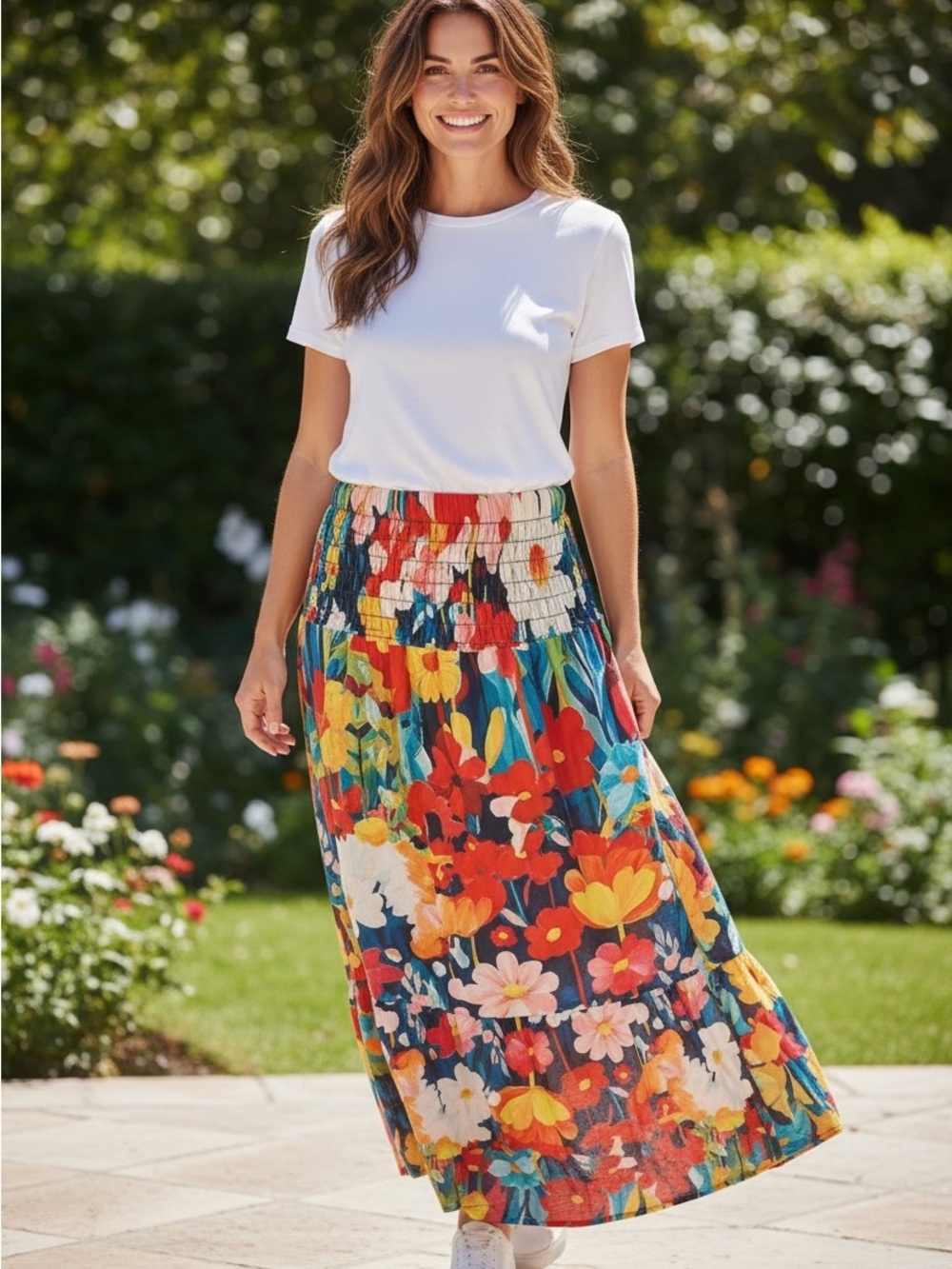 Floral Maxi Skirt XL Smocked Waist Boho Back to School Cottagecore